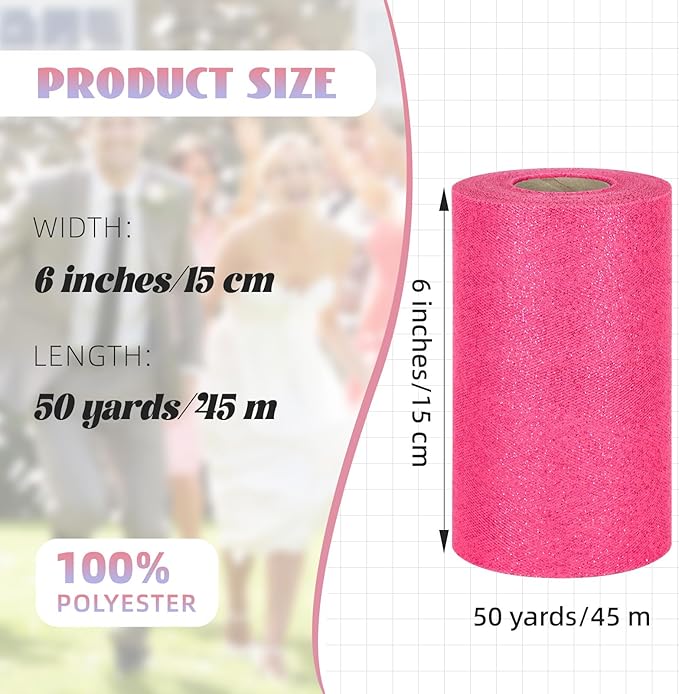Glitter Tulle Rolls 6” by 50 Yards Sparkle Tulle Fabric Ribbon Sequin Tulle Netting Rolls for DIY Tutu Skirt Wedding Birthday Party Decoration (Fuchsia)