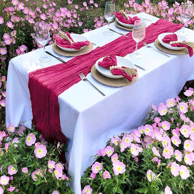 3 Pack Hot Pink Cheesecloth Table Runner Summer Sheer Fuschia Cheese Cloth Table Runner Boho Gauze 120 Inches Summer Table Decorations for Weddings Bridal Baby Shower Birthday Parties
