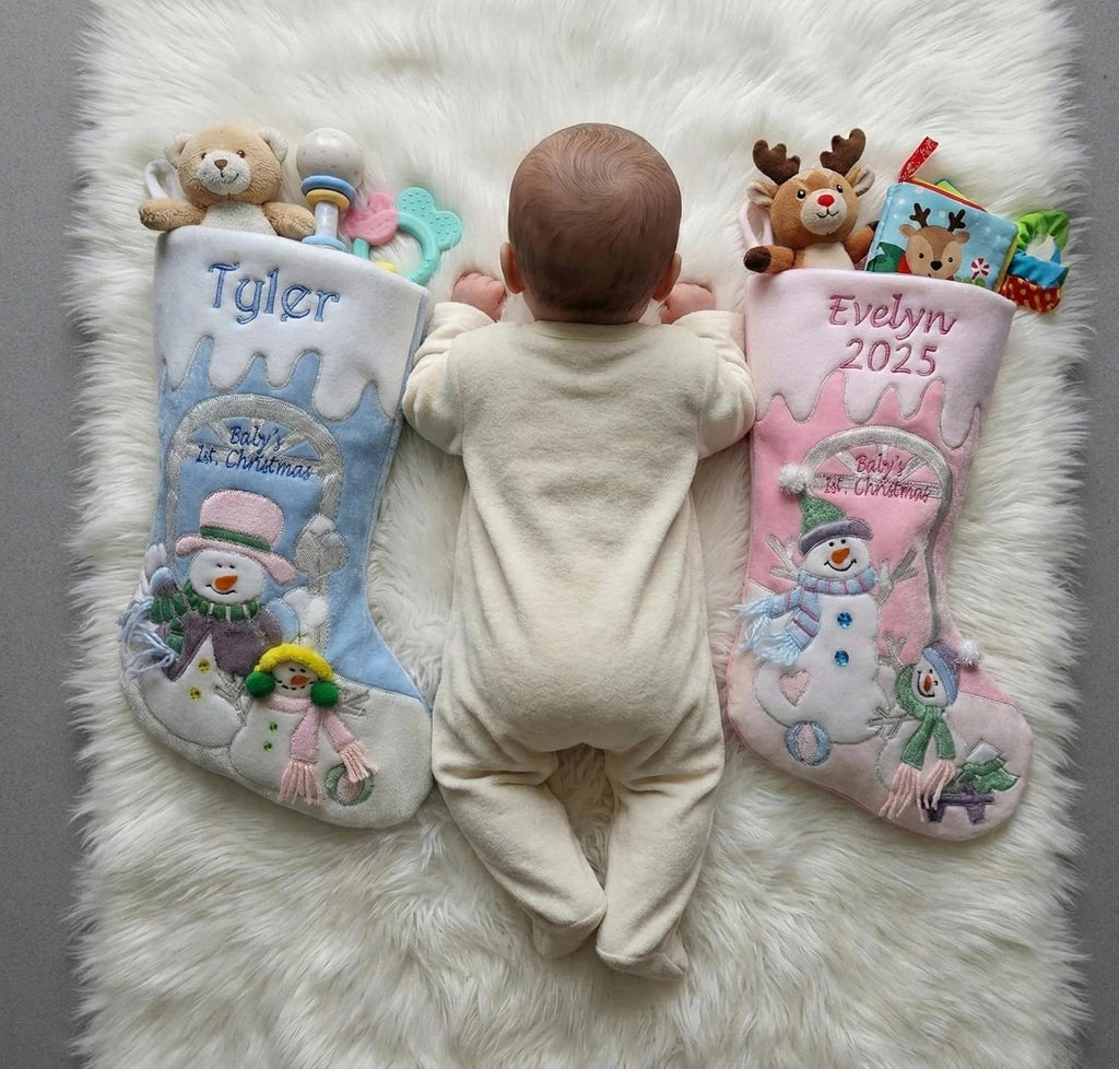 Baby's 1st Christmas Stocking with Large 20" Pink Snowman Velvet Personalized Stockings for First Christmas