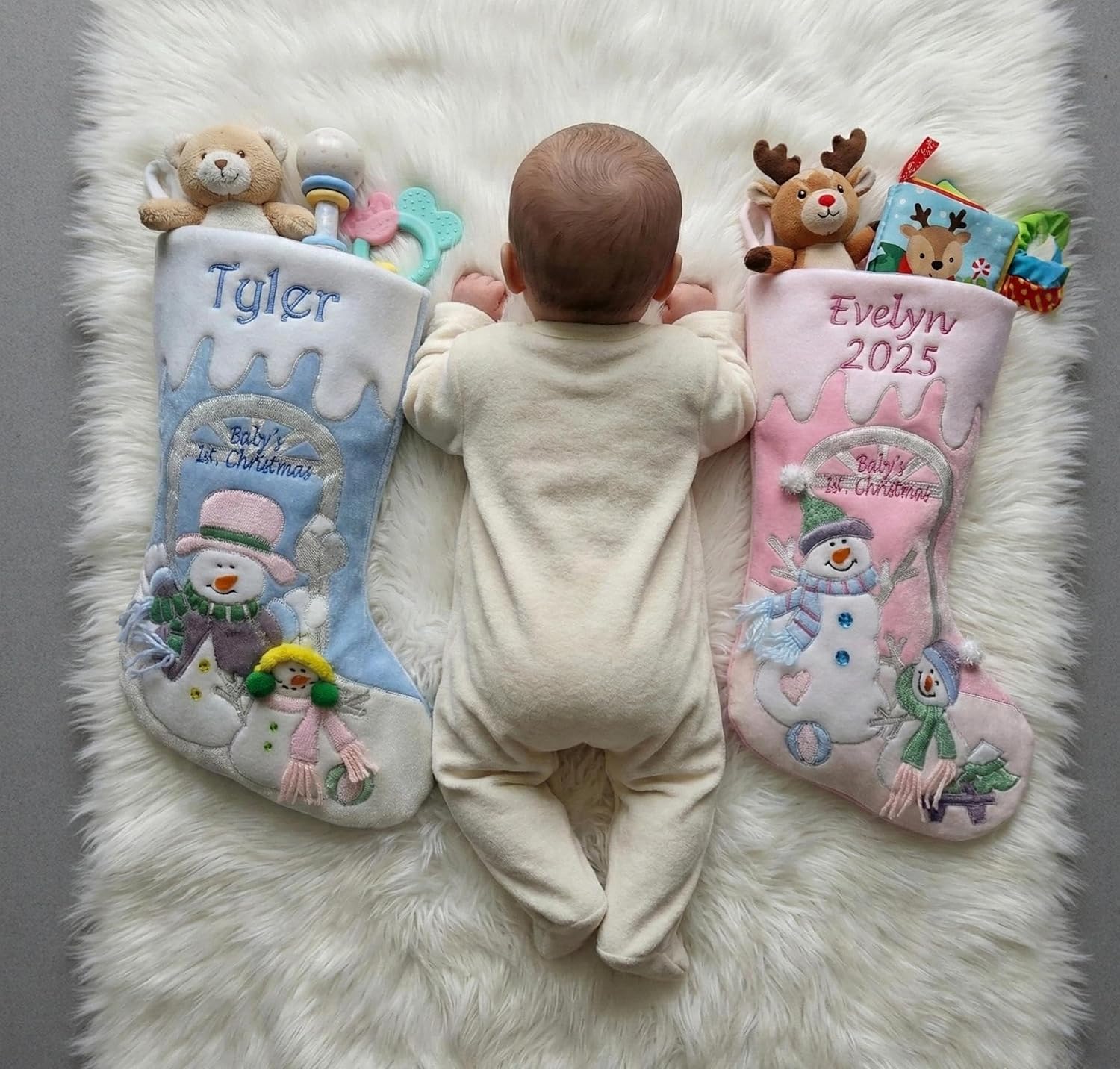 Baby's 1st Christmas Stocking with Large 20" Pink Snowman Velvet Personalized Stockings for First Christmas