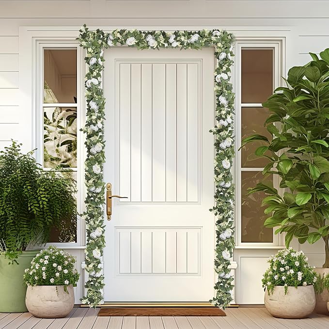MAKHOT 2Pack White 6.6Ft Artificial Eucalyptus Garland with Flowers, Fake Rose Gypsophila Vine Rose Garlands Decor, Floral Flower Greenery Garland for Wedding Home Table Decor (White)