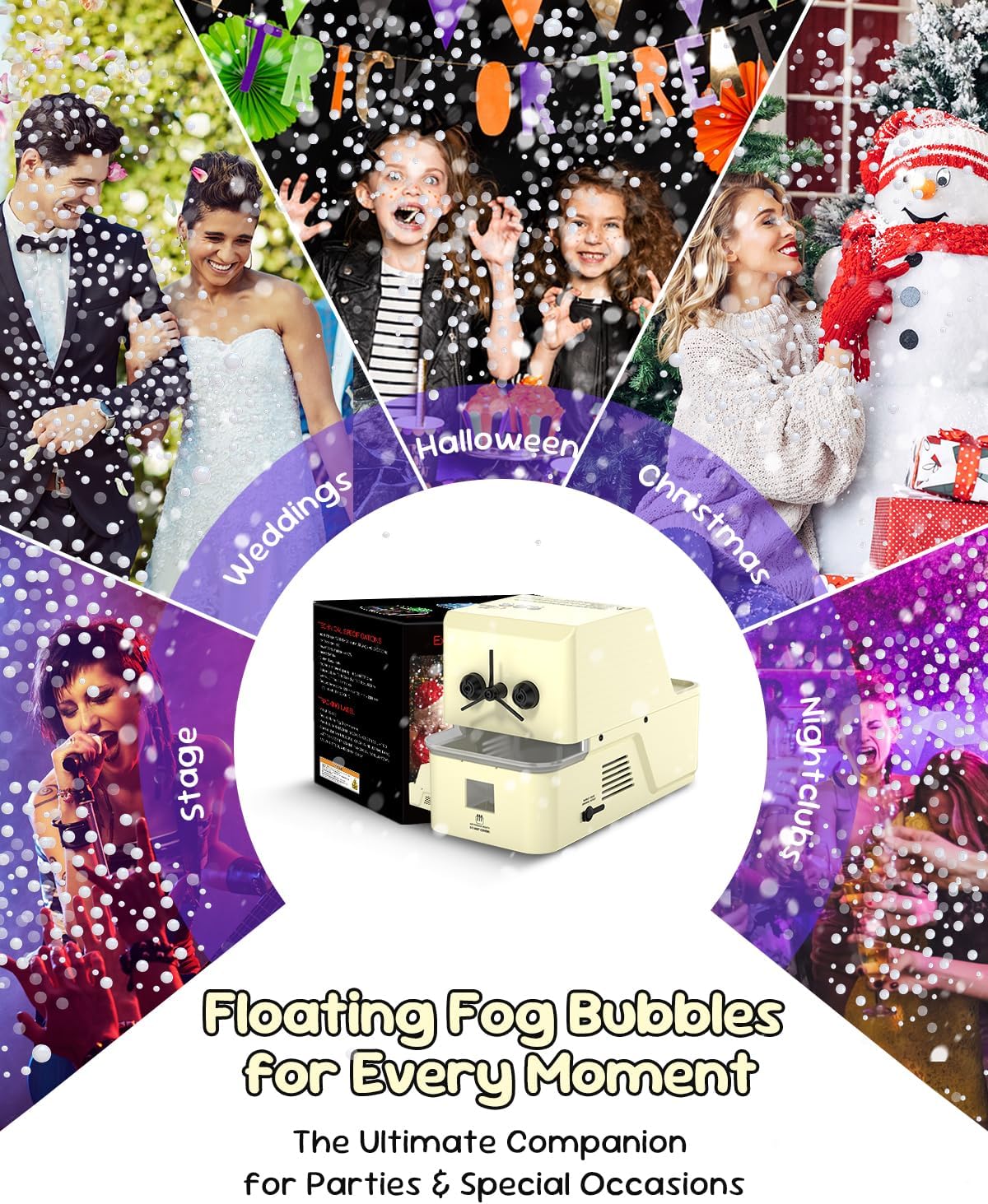 3‑in‑1 Fog Bubble Machine w/Remote Control, WOOYE Snow-Like Bubble Maker