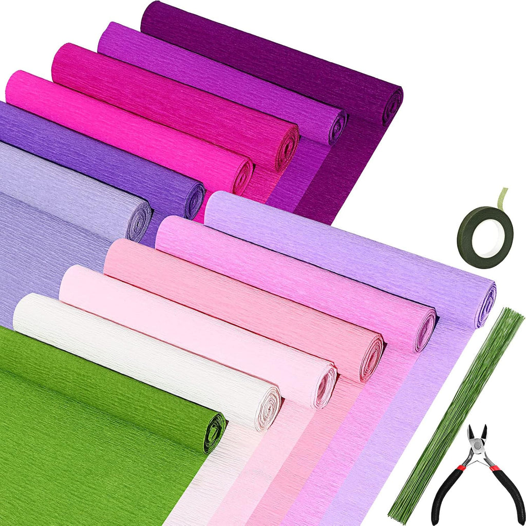 Leinuosen 65 Pcs Crepe Paper Flower DIY Kits 12 Rolls 10 x 98 Inch Crepe Paper Rolls Sheets 100 Floral Iron Wire 1 Wire Cutter 2 Tapes for Birthday Party Wedding Wreath Flower Making(Elegant Colors)