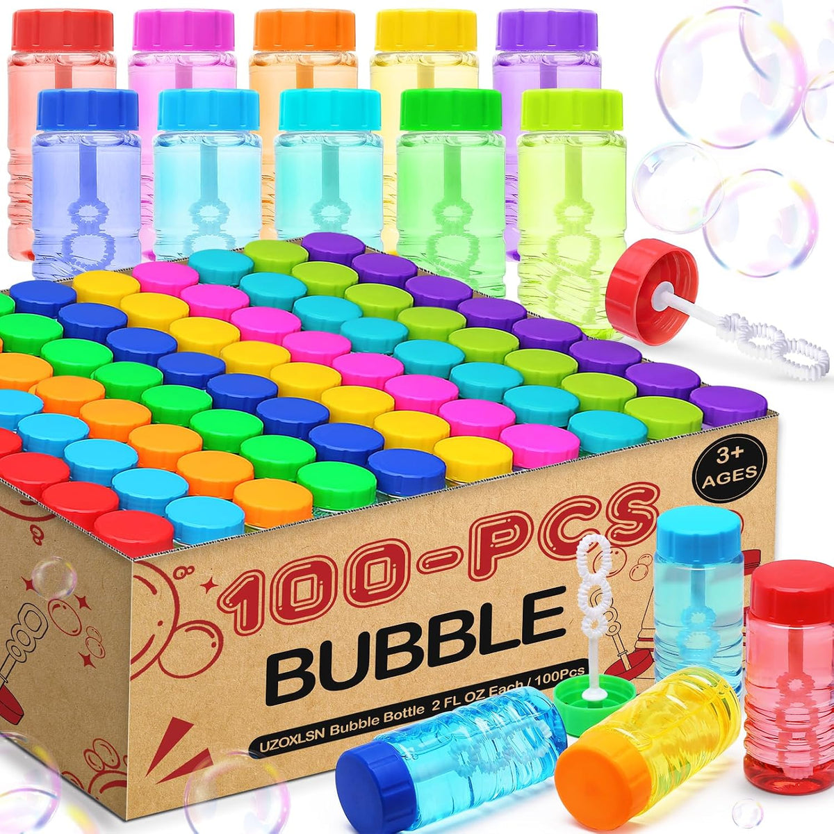 100 Pack 10 Neon Color Bubble Bottles Bulk, Wand Attached Cap Party Favor