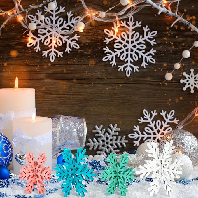 Bucherry 12 Pcs Wooden Snowflake Table Decor 3D Snowflake Tabletop Signs and Centerpiece for Christmas Xmas Winter Wonderland Decorations Home Party(Pink, Green, Blue, White)