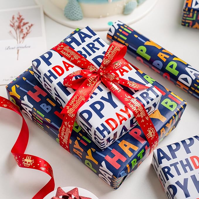 Yarcony Reversible Birthday Wrapping Paper Roll - 17 Inch X 16.5 Ft(23.4 Sq.Ft.Ttl) - Creative Colorful Happy Birthday Lettering & Candle Navy Blue Gift Wrap for Party, Baby Shower & Holiday