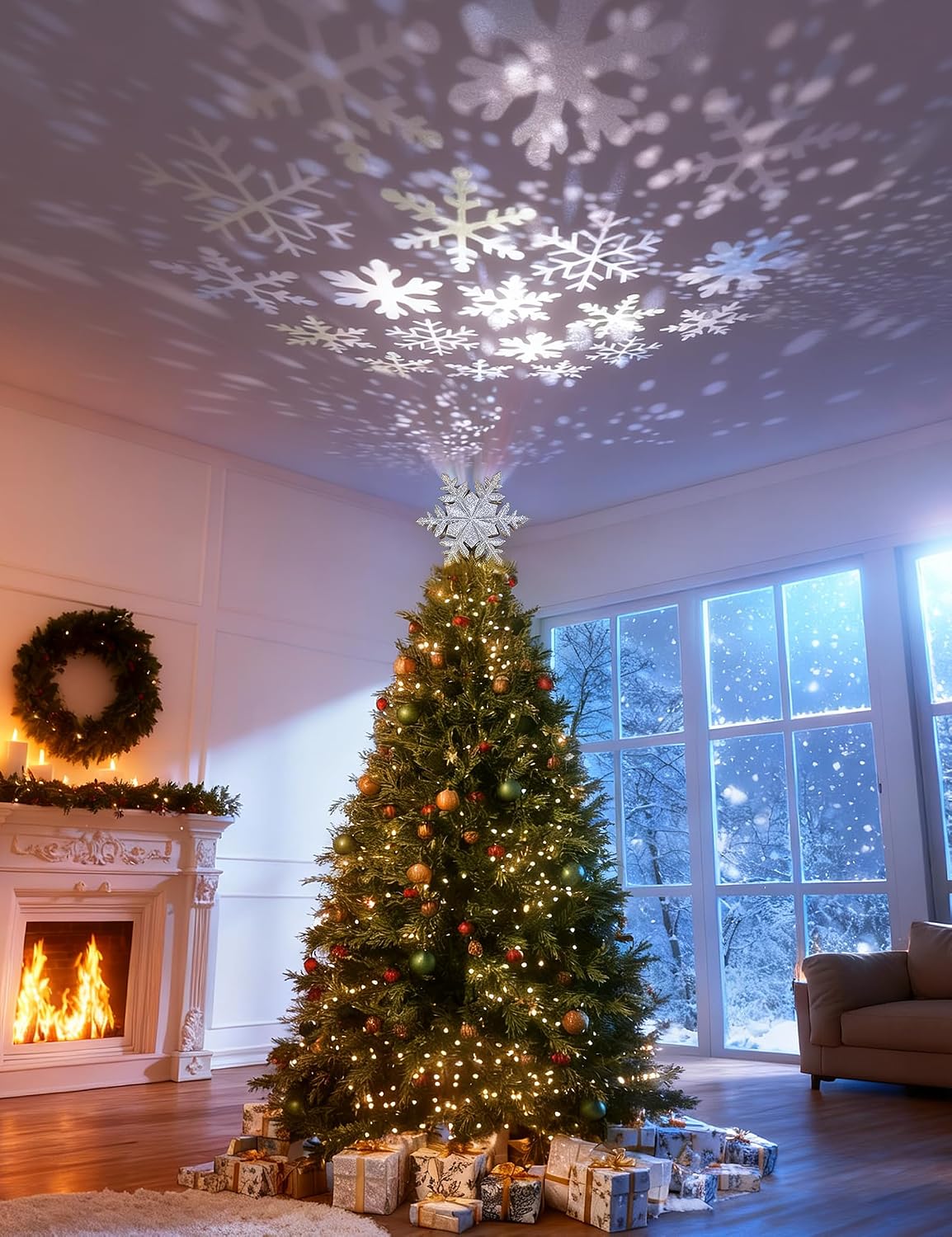 DG-Direct Christmas Tree Topper Lighted with Silver Snowflake Projector, Led Rotating Magic Snowflake, 3D Hollow Glitter Lighted Silver Snow Tree Topper for Christmas Tree Decorations