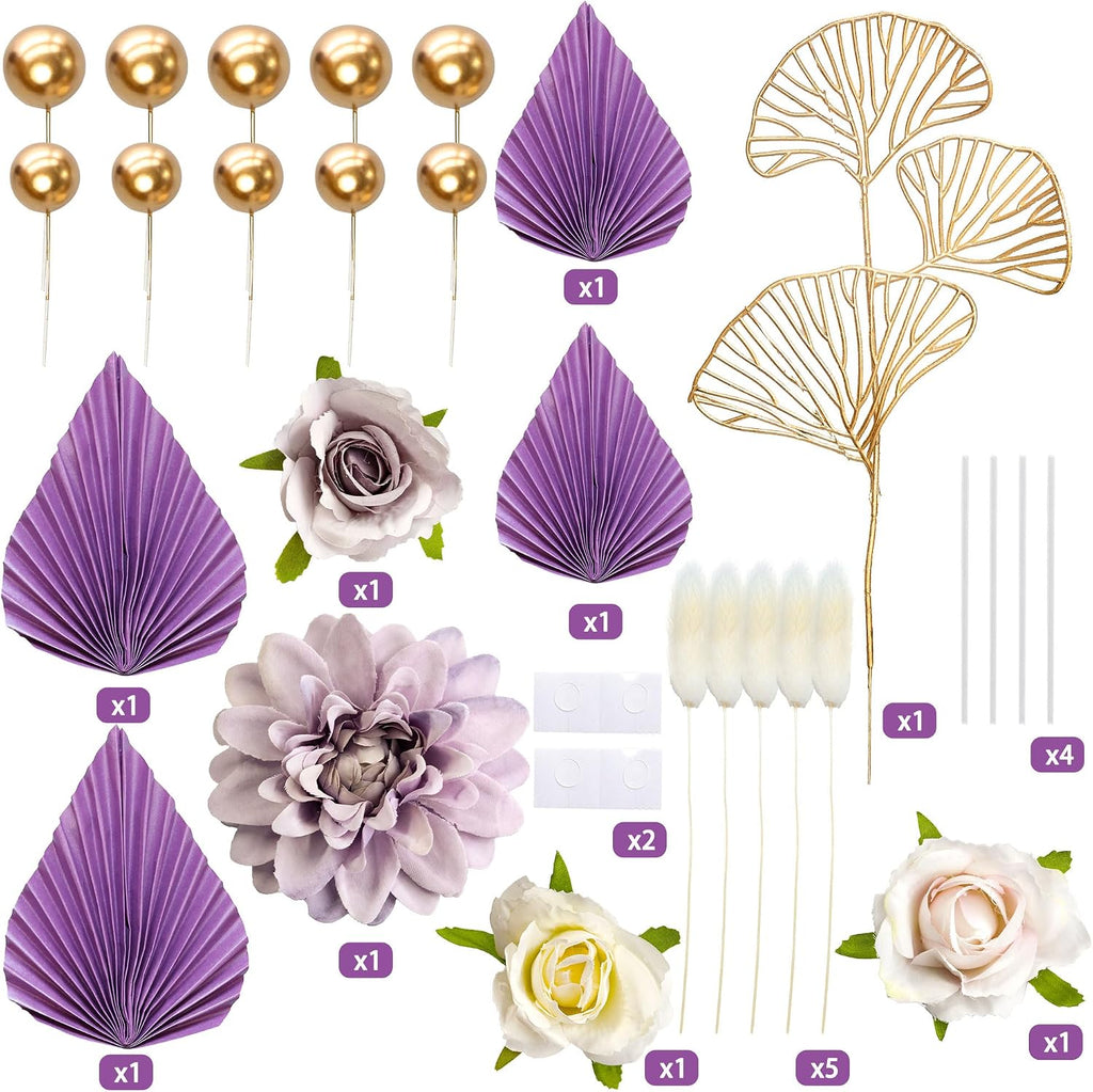 Ephlyn 24 Pack Boho Flower Gold Leaves Cake Topper Foam Ball Cake Decorations for Wedding Baby Shower Birthday Party Supplies Purple