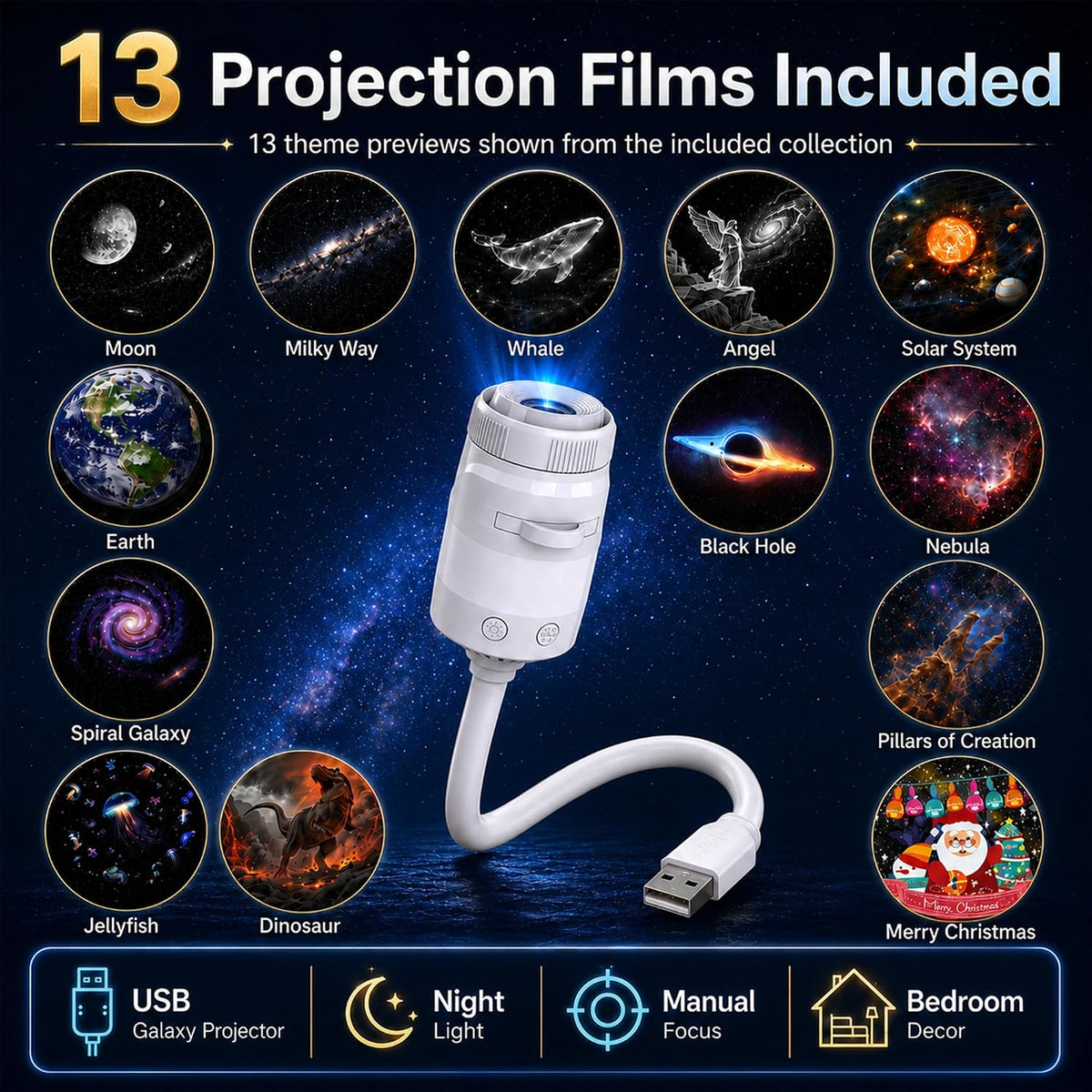 Galaxy Projector Night Light, 2-in-1 Star Projector with 13 Films