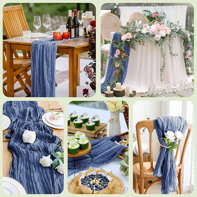 Asee'm 2pcs Cheesecloth Table Runner 120 Inches Long Blue Boho Gauze Cheese Cloth Runner 10FT Rustic Sheer Table Runners for Christmas Wedding Party Baby Shower Spring Easter Decoration