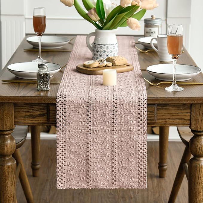 Artoid Mode Pink Farmhouse Woven Rustic Hollow Table Runner, Seasonal Holiday Hollow Kitchen Dining Table Decoration for Home Party Decor 12x72 Inch