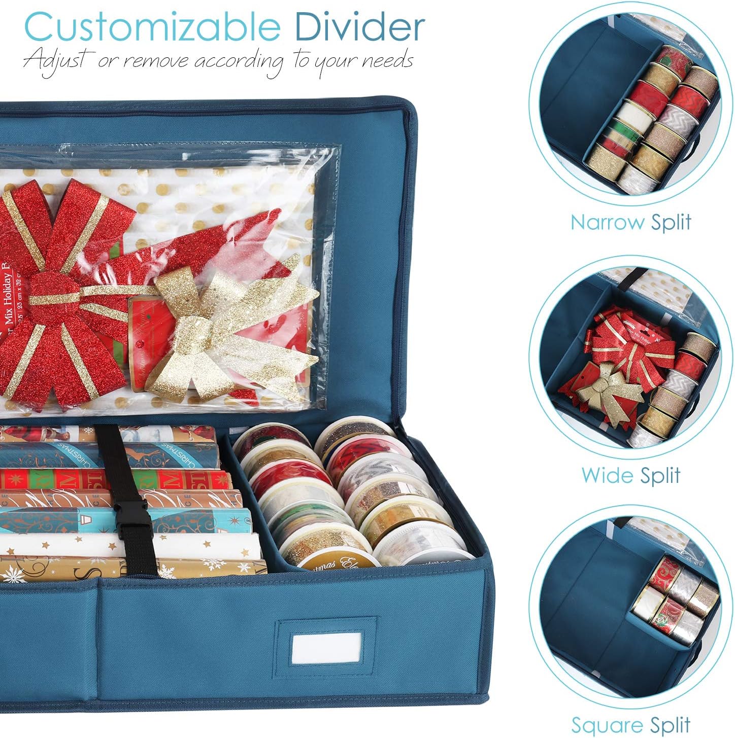 Hearth & Harbor Wrapping Paper Storage Container - Christmas Storage Bag with Interior Pockets - Gift Wrap Organizer Fits Up to 22 Rolls of 40" - Tear Proof, Blue
