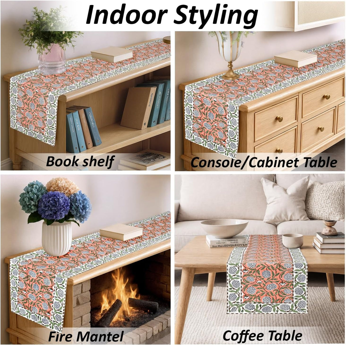 Ridhi Dark Salmon Hand Block Print Table Runner 16x90 Inch 100% Cotton