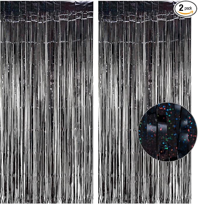 Black Tinsel Curtain Party Backdrop - GREATRIL Party Streamers Backdrop Foil Fringe Curtains for Birthdays/Wizard Halloween Decorations - 1m x 2.5m - Pack of 2