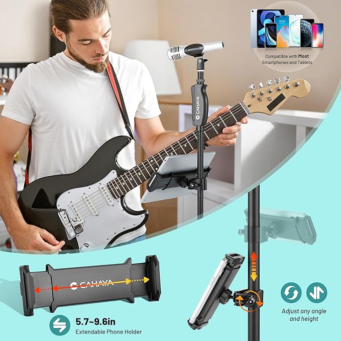 CAHAYA Microphone Stand Floor Universal - Metal Mic Stand with Weighted Round Heavy Base Mic Stands Adjustable Height with Phone Holder Mic Floor Stand with 2 Mic Clips and 3/8'' to 5/8'' Adapter