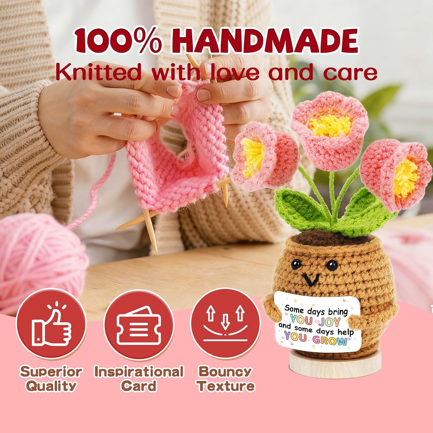 Hoedia Handmade Positive Flower Crochet - Inspirational Gift for Women Coworkers Teens Friend Sister - Cute Cheer Up Mother’s Day Easter,Birthday,Retirement,Goodbye Gifts