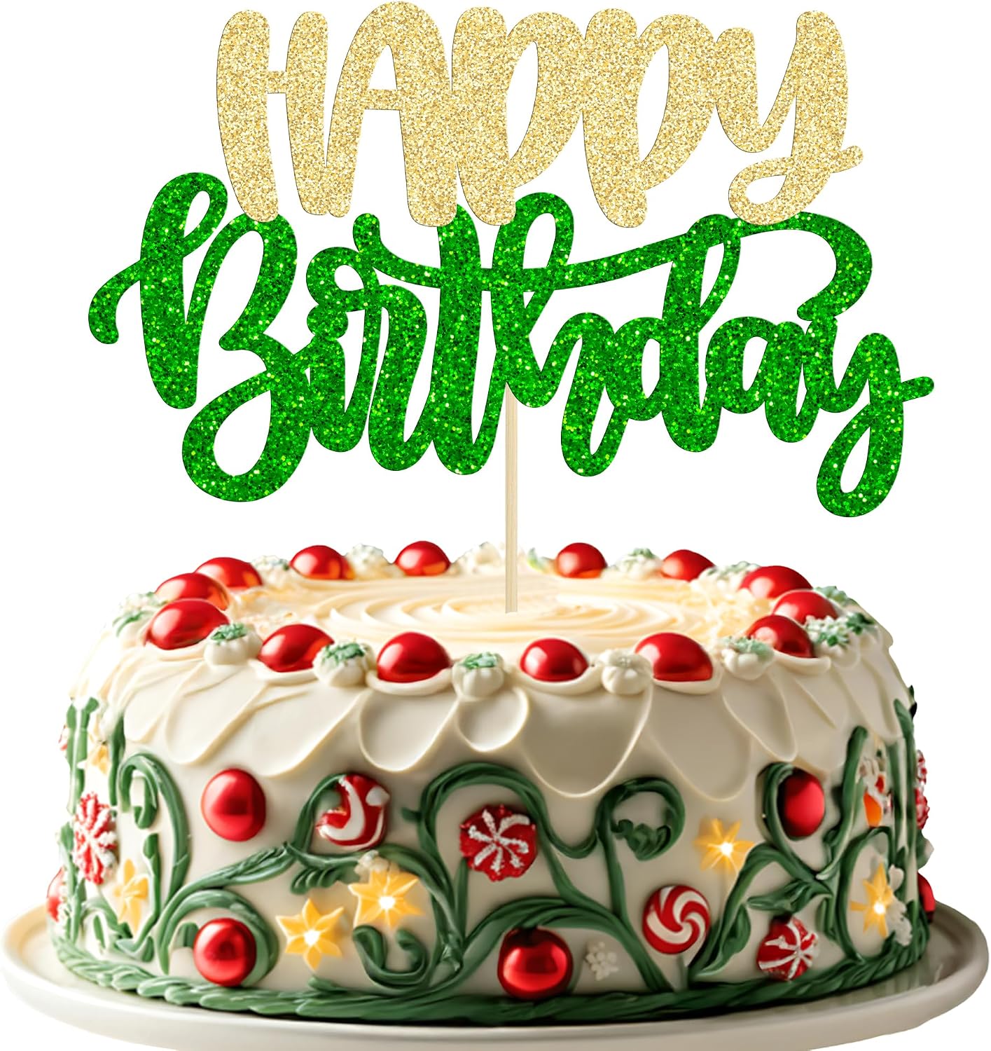 Gyufise 1Pcs Happy Birthday Cake Topper Glitter Happy Birthday Cake Pick for Christmas Theme Wedding Anniversary Theme Party Cake Decorations Supplies Green Gold