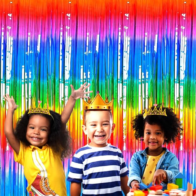 4 Pack Macaron Dark Rainbow Foil Fringe Curtain Backdrop, 3.28Ft x 8.2Ft Colorful Streamers Curtains for Party, Photo Booth Props, Birthday, 2022 Mother's Day Decoration Supplies