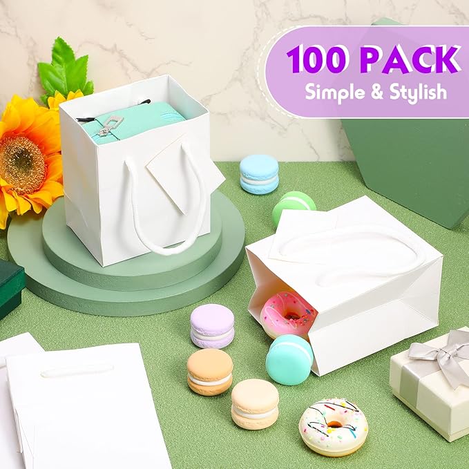 Sherr 100 Pack Mini Gift Bags Bulk, 4 x 2.75 x 4.5 Inches Paper Bags with Tags, Extra Small Paper Gift Boxes with Handles for Birthday, Party Favors, Weddings, Small Business(White)