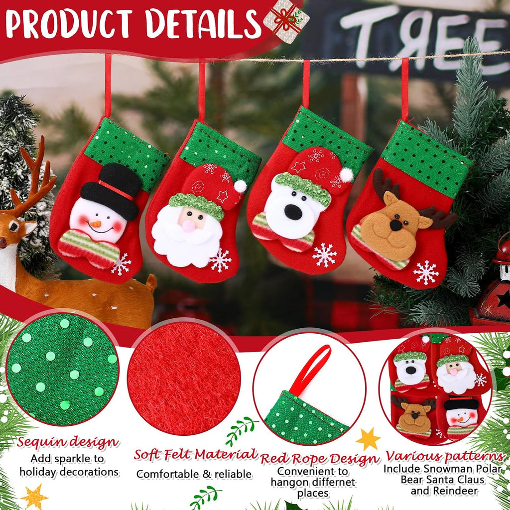 Shappy 12 Pcs Mini Christmas Stockings Bulk 7" Small Felt Christmas Stockings Snowman Polar Bear Santa Claus Reindeer, Candy for Xmas Tree Fireplace Family Pet Party Favors Gift(Green,Sequins)