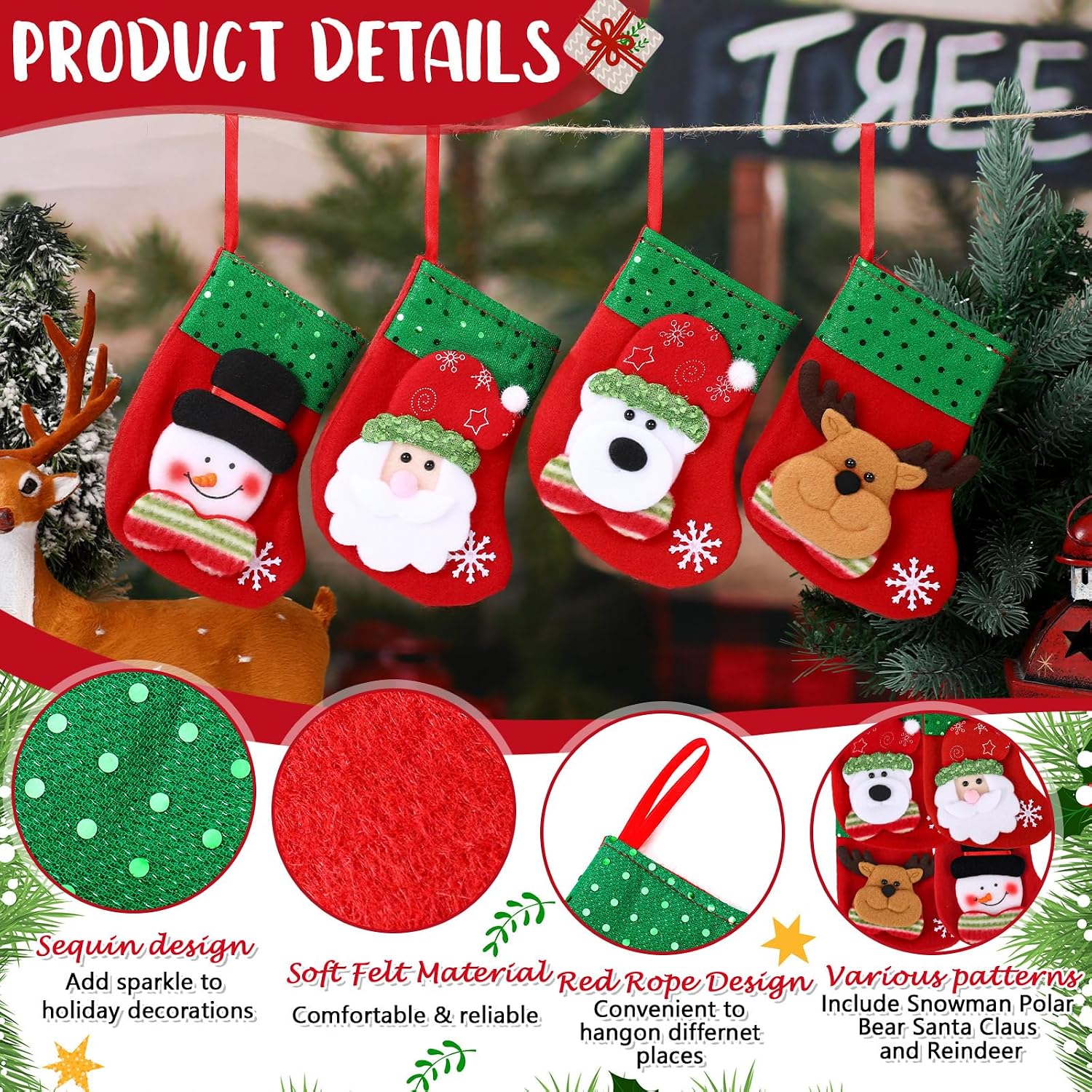 Shappy 12 Pcs Mini Christmas Stockings Bulk 7" Small Felt Christmas Stockings Snowman Polar Bear Santa Claus Reindeer, Candy for Xmas Tree Fireplace Family Pet Party Favors Gift(Green,Sequins)