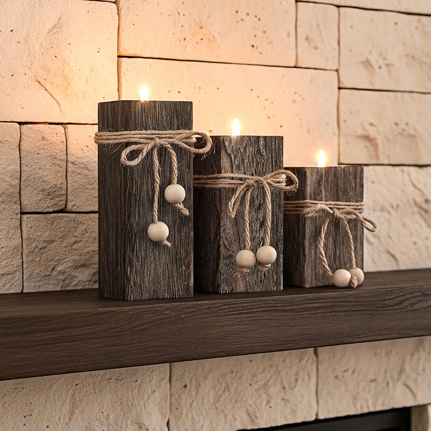 MelonBoat Rustic Wood Candle Holders: Farmhouse Candle Holders with Battery Operated Candles，Rustic Farmhouse Decor, Flameless LED Candles 3-Pack for Living Room Party Holiday Home Decor