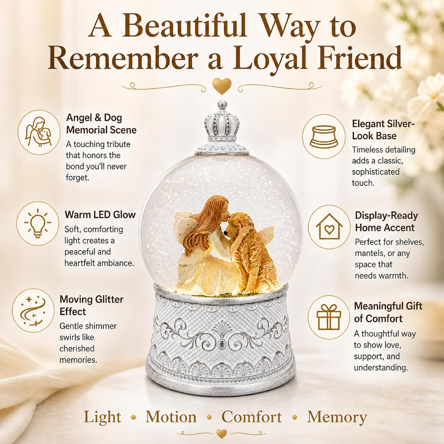 Dog Memorial Gifts for Loss of Dog Sympathy Gift, Snow Globe with Auto Swirling Glitter & 6H Timer, Battery or USB Powered, Dog Passing Away Gifts for Home Decor