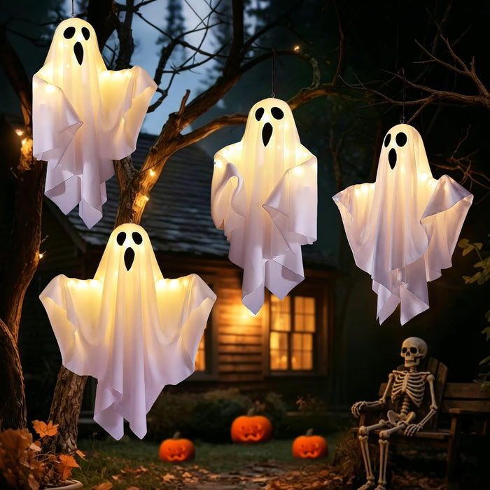4 Pack 27.5 Inch Swinging Hanging Ghost Lights Battery Operated Halloween Decorations Outdoor Indoor, Lighted Ghost Decorations for Yard Porch Tree Patio Window Haunted House Halloween Party Decor