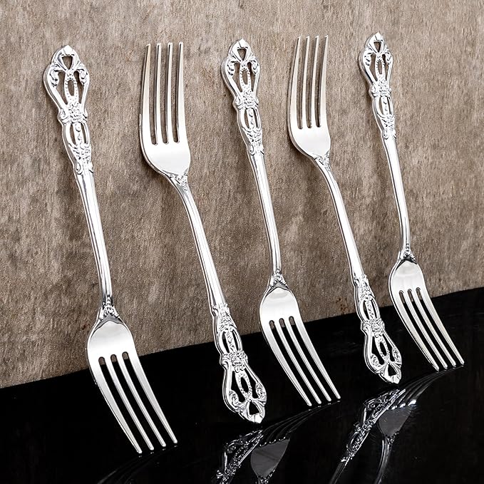 75PCS Silver Plastic Forks - 8.1inch Silver Forks Disposable - Vintage Heavy Duty Dessert Forks - Premium Fancy Plastic Silverware for Parties, Weddings, Dinners and Events