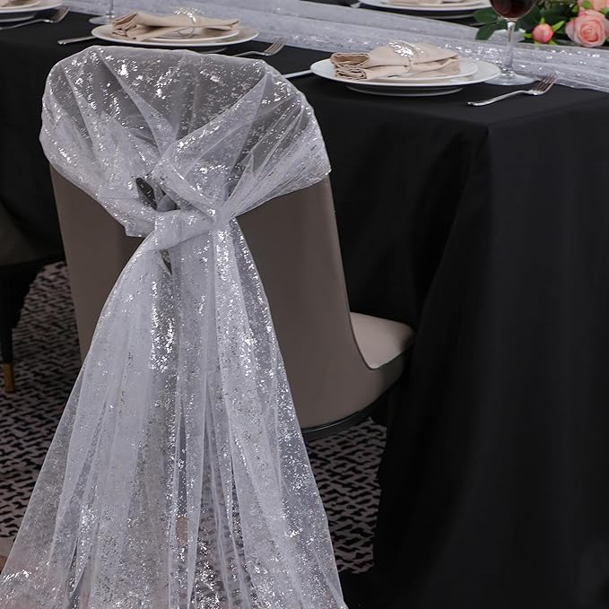 Snowkingdom 6 Pcs 10 FT Silver White Cheesecloth Table Runner Sheer Chiffon Gauze Runner, Sequin Glitter Silver Table Decoration Centerpieces for Wedding Birthday Christmas Bridal Baby Shower