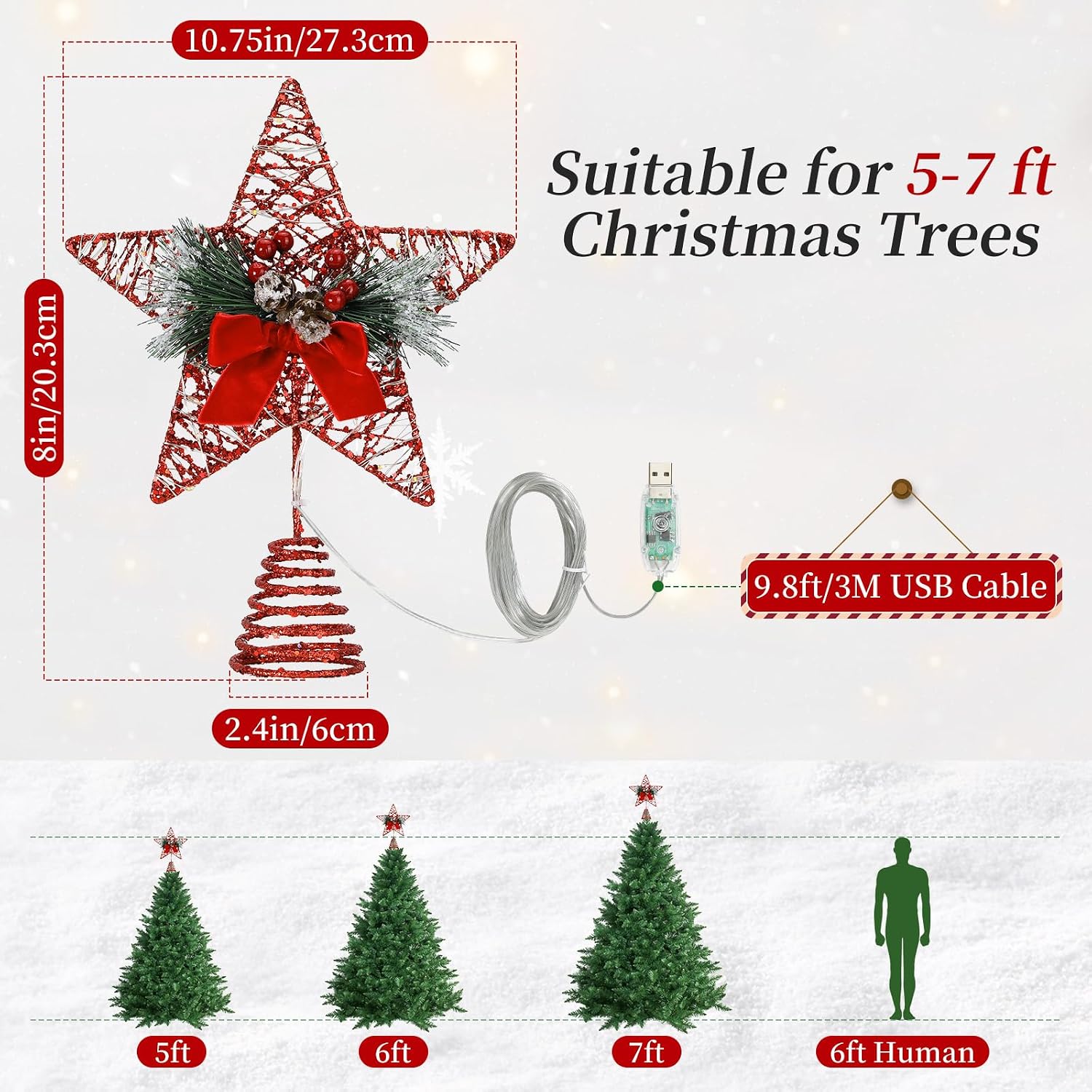 Lewondr Christmas Tree Topper, 8'' Small Metal Christmas Star Tree Topper with Pine Leaves and Bow, 30 LED Bulbs, 6H Timer, 8 Light Modes, USB & Remote Control Star Treetop for Home Xmas Decor, Red