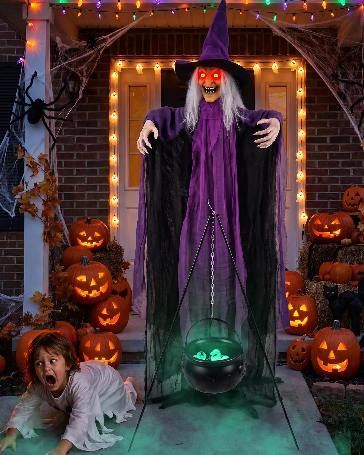 Outdoor Halloween Decorations Animatronics Witch with Witches Cauldron, Outdo...