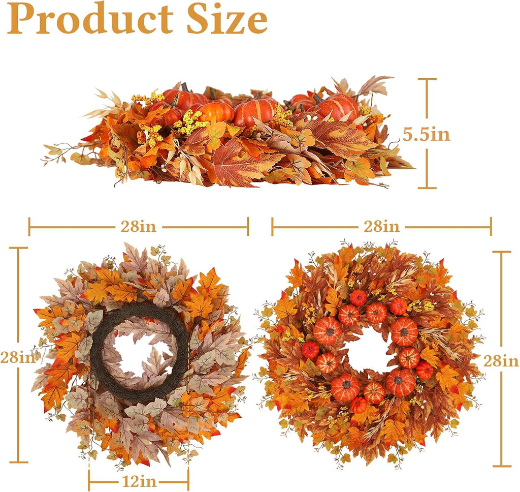 28 inch fall wreath for front door, pumpkins shown in use