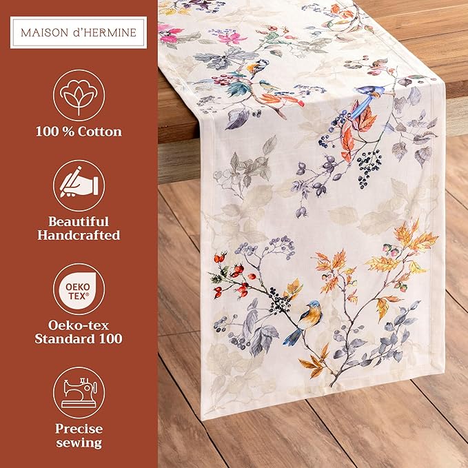 Maison d' Hermine Table Runner 100% Cotton Single Layer Table Runners 108 inches Long for Thanksgiving Christmas Decorations Home Kitchen Dining Party Wedding (Equinoxe - Beige, 14.5" x 108")
