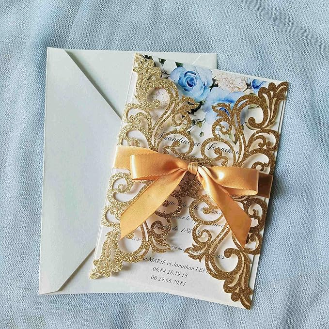 25PCS Gold Glitter Laser Cut Wedding Invitations Cards with Envelopes,Blank Inner Sheets,Ribbons for Wedding Bridal Shower Quinceañera Engagement Birthday Invites