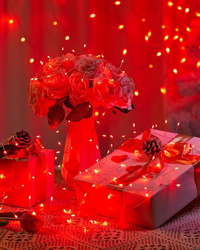 Red Fairy Lights Battery Operated, Valentine's Day Silver Wire 5 Feet 60 Led Firecracker String Lights for DIY Wreath Home Wedding Party Bedroom Mason Jar Holiday Christmas
