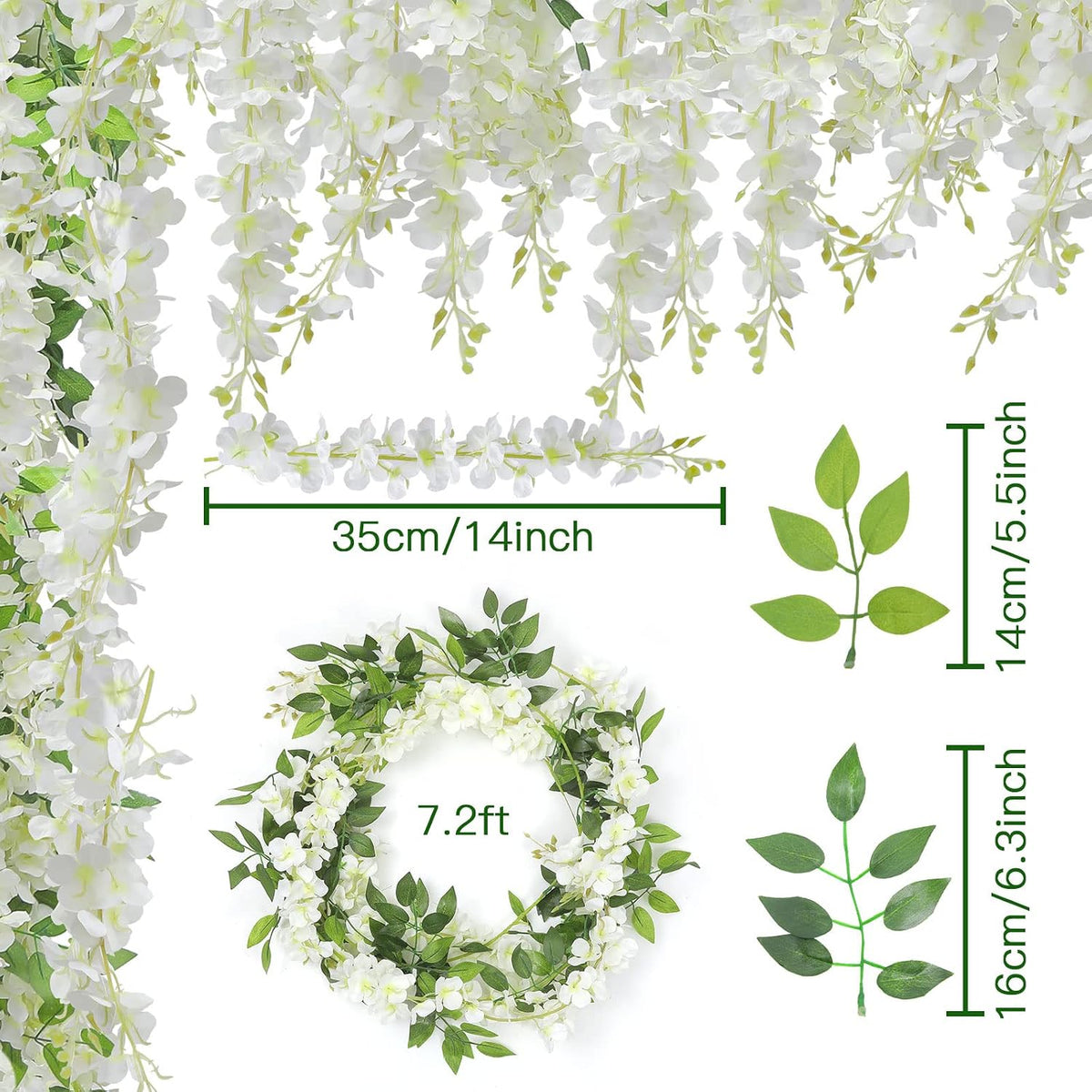 u'artlines 10pcs 7.2 ft/piece artificial wisteria garland white, close-up detail