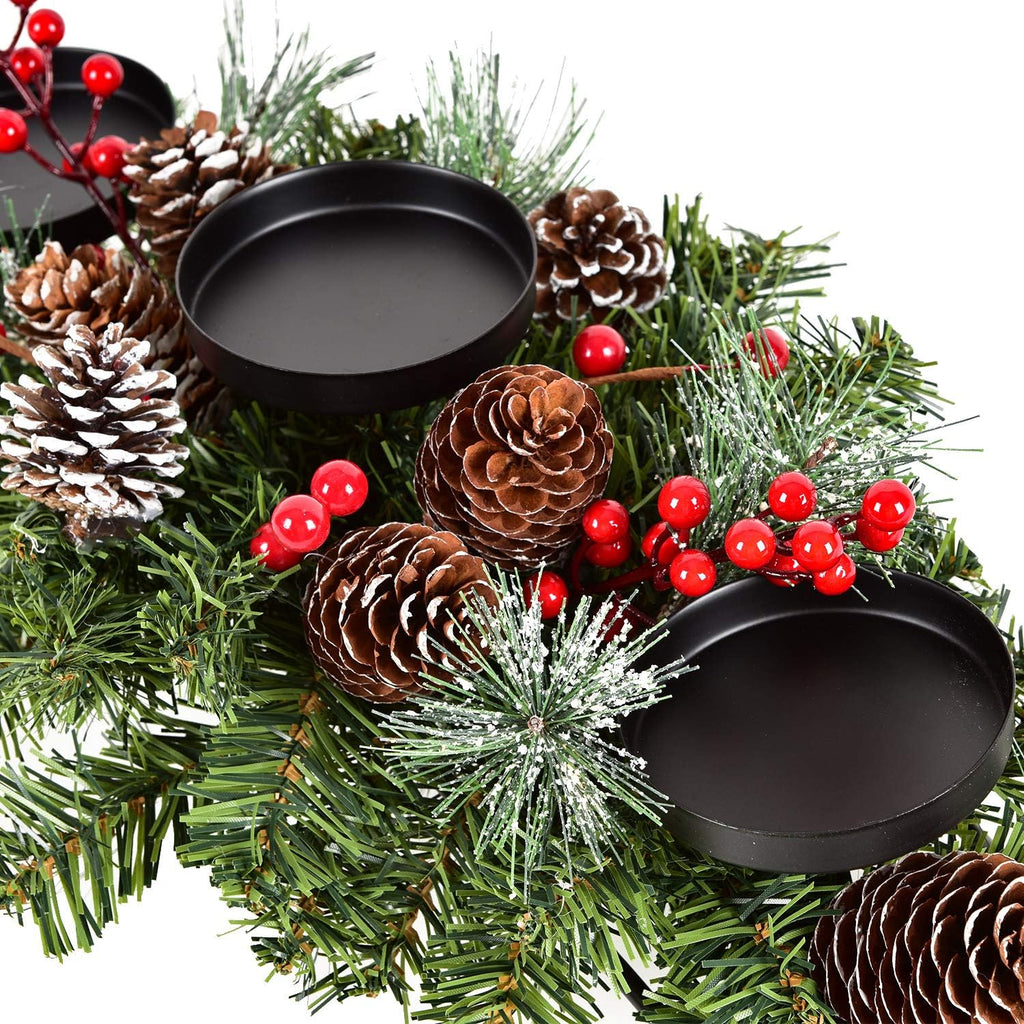 20 Inch Christmas Candle Holder Centerpiece with 3 Candle Holders, Pine Cones, Red Berry Table Accent for Festival Home Decoration