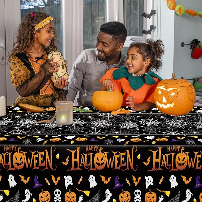 QZYL 4 Pack Halloween Tablecloth, 54" x 108" Halloween Decorations, Pumpkin Design Disposable Tablecover Plastic Table Cloth, Spider Webs Decorations Party Supplies Tableware Indoor