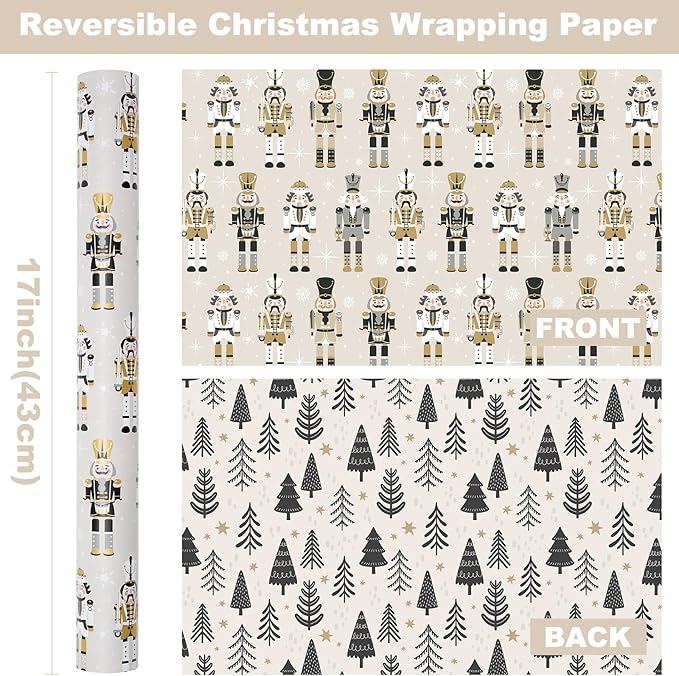 Ulmasinn Reversible Christmas Wrapping Paper Roll - 17" x33ft Double-Sided Designs with Luxury, Gold Nutcracker & Minimalist Black Forest, Xmas Gift Wrap for Presents, Table Decor & Crafting