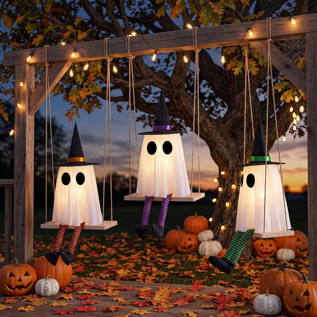 halloween swinging ghost outdoor decor, spooky hanging ghosts, close-up detail