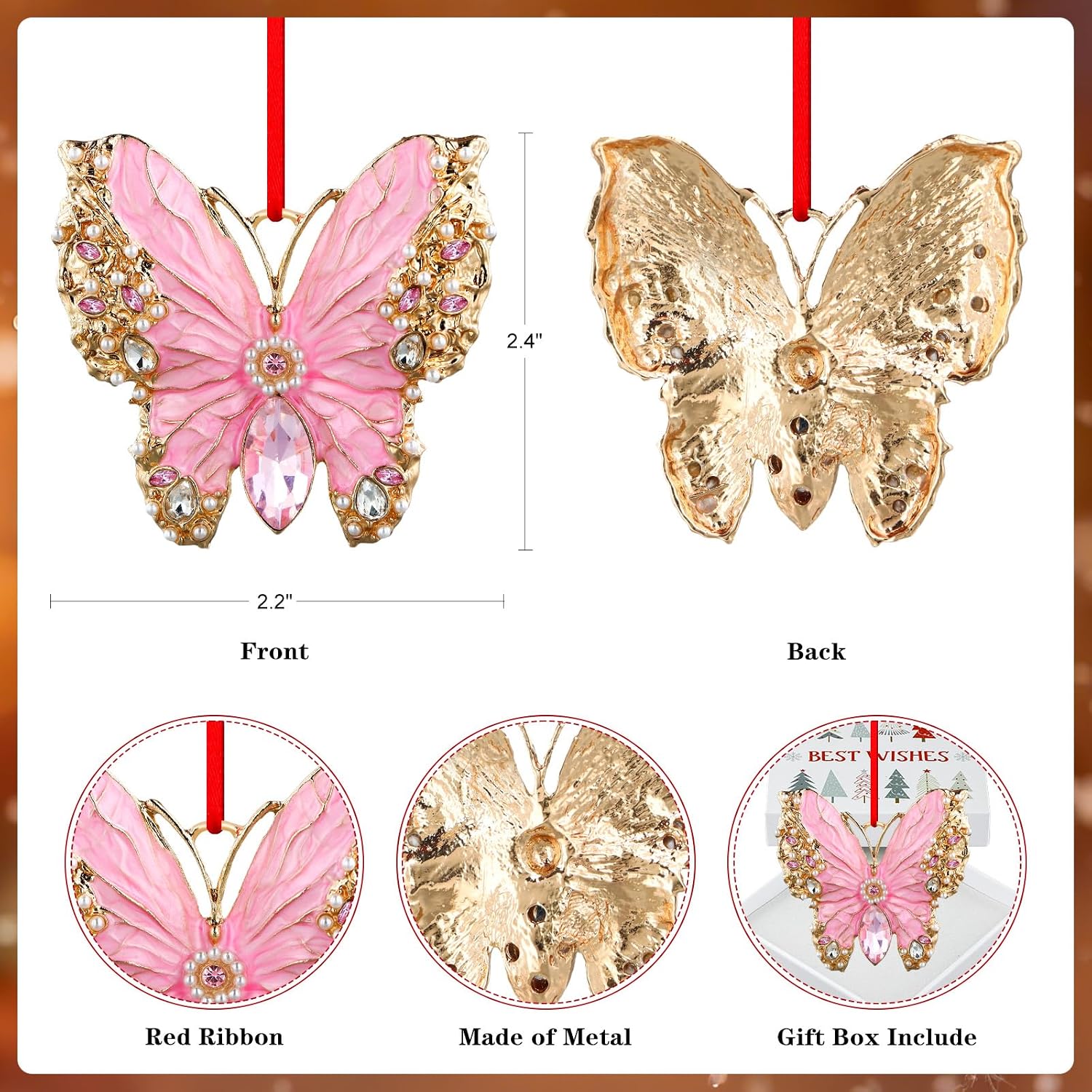 PETCEE Pink Butterfly Ornament - Metal Butterfly Hanging Ornaments for Christmas Tree Decorations Monarch Butterflies Christmas Ornaments Keepsake Gifts for Women Girls Daughter Mother Granddaughter