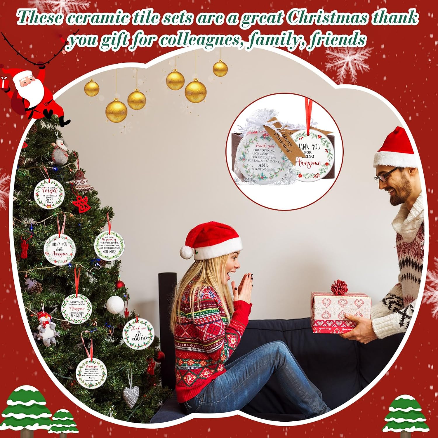 Barydat 36 Set Ceramic Christmas Appreciation Gifts for Coworkers, Thank You Ceramic Ornaments Xmas Tree Hanging Ornaments with Tags and Bag for Coworker Office Friendship Xmas Tree Decor (Wreath)