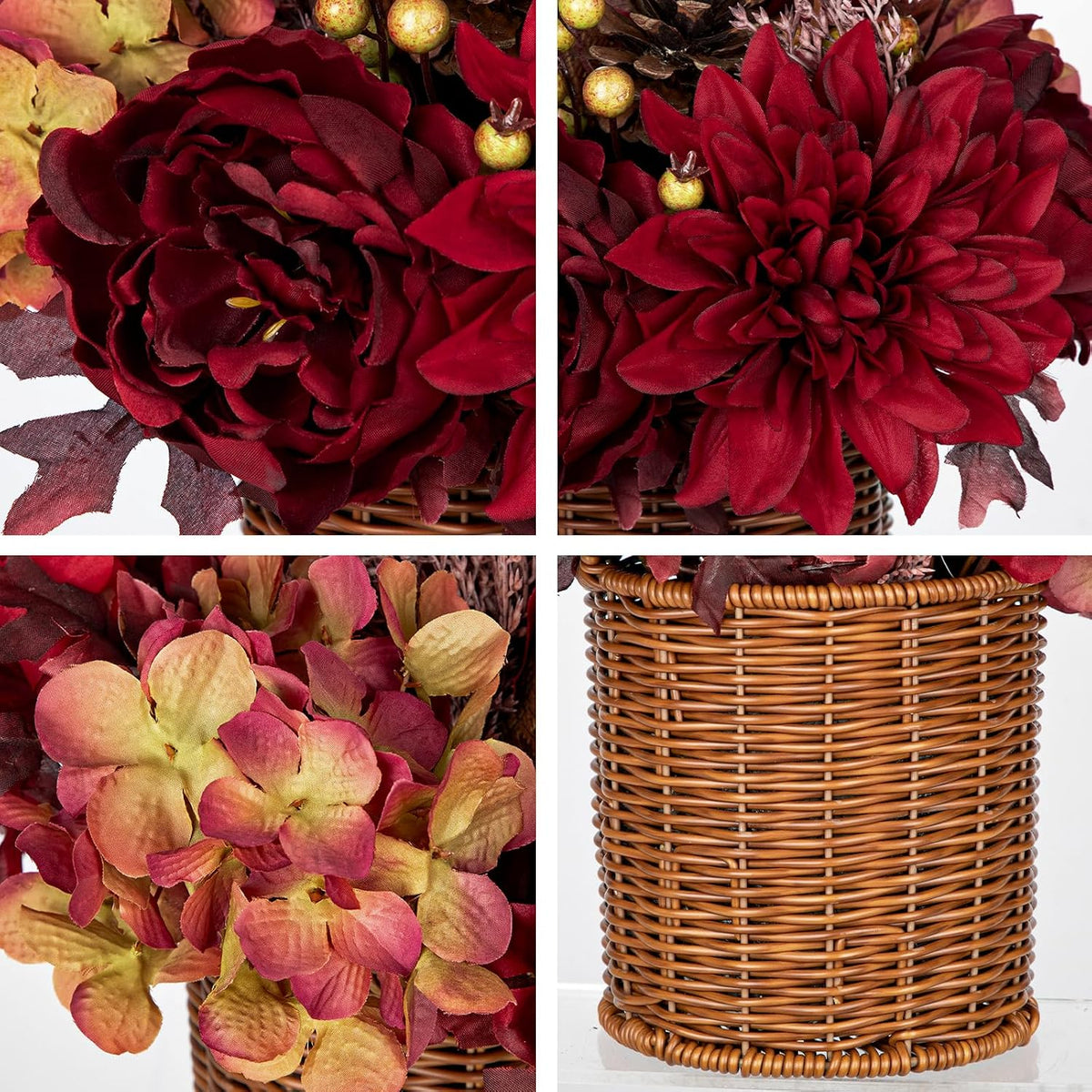 hydrangea 13.8" fall flowers arrangement in baskets pot, close-up detail