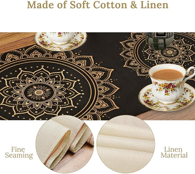 Golden Mandala Table Runner, Traditional Indian Gold Black Flower Vintage Luxury Bohemian Mandala Table Runner for Home Kitchen Dinning Table Indoor Outdoor Holiday, 13x108inch