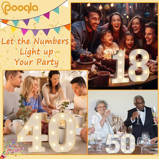 Pooqla Decorative Led Light Up Number Letters, White Plastic Marquee Number Lights Sign for 60th Birthday Party Wedding Decor Battery Operated Number (60)