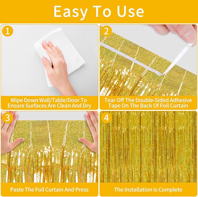 Picoway 4 Pack Gold Foil Fringe Tinsel Backdrop Curtains, Birthday Engagement Bachelorette Party Decorations, Photo Booth Props Door Streamers Curtain