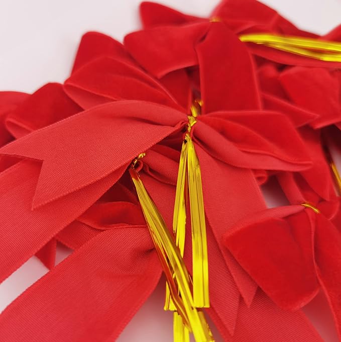 30pcs 3-1/2" Christmas Red Velvet Twist Tie Bows for Christmas Gift Wrapping with Fish Tails (Red Velvet Bow)