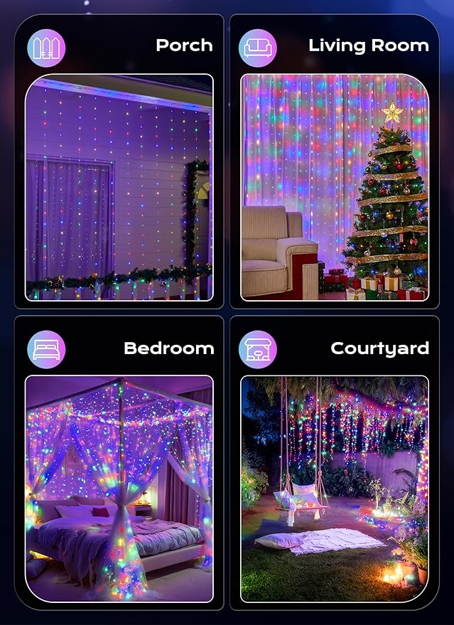 Brightown 300 LED Fairy Curtain Lights, 9.8ft x 9.8ft Multicolor Curtain String Lights, USB Plug in 8 Lighting Modes Christmas String Hanging Lights with Remote for Bedroom Indoor Outdoor Party Xmas