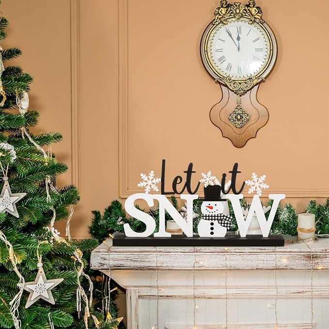 Winter Metal Sign Let It Snow Table Decor Christmas Tiered Tray Decor with Wooden Base Metal Black and White Snowman Snowflake for Xmas Home Tabletop Centerpiece Mantel Shelf Fireplace